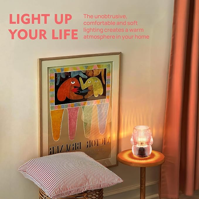 Small Battery Operated Lamp with Timer, Tiny Cordless Glass Table Lamp for Home Decor, Kitchen, Bathroom, Birthday Gift for Women, Mushroom, Pink