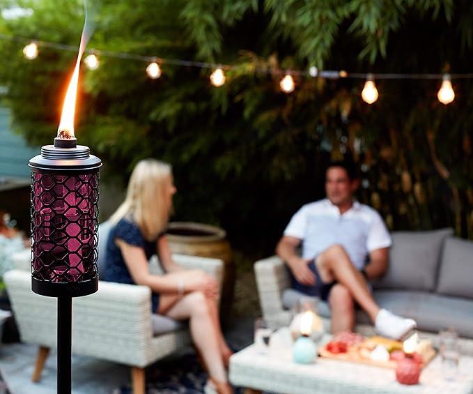 TIKI Convertible 65" Honeycomb Glass Torch – Burgundy Outdoor Decorative Lighting for Patio, Lawn & Backyard Décor | Weather-Resistant | Includes Long-Lasting Wick & Snuffer