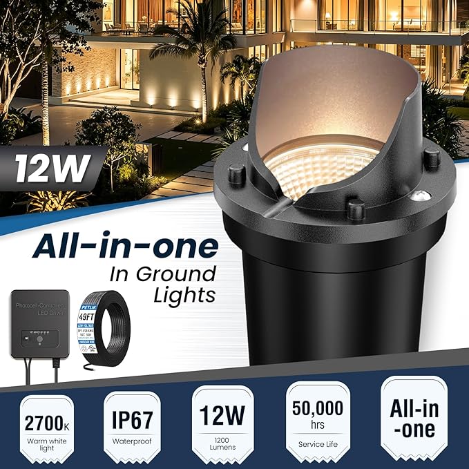 All-in-One Low Voltage Landscape Lighting 12W LED Well Lights IP67 Outdoor In-Ground Lights Waterproof with 96W Transformer, 2700K Warm White Pathway Lighting for Yard Garden, 6 Pack