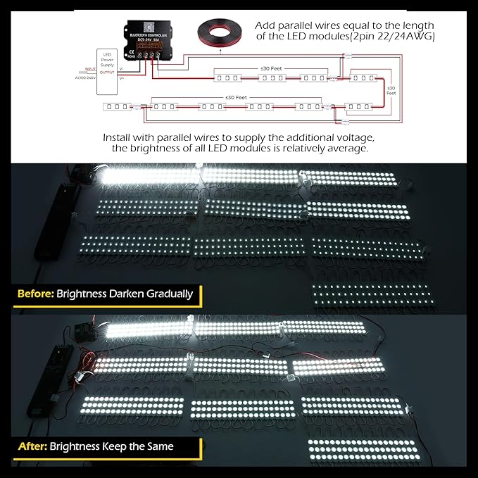 Dyna-Living 100FT White LED Storefront Lights APP Bluetooth & IR Remote Control 200PCS 3-LED 5730 SMD Module Light with Music Sync Mode IP68 Waterproof Storefront Light for Business