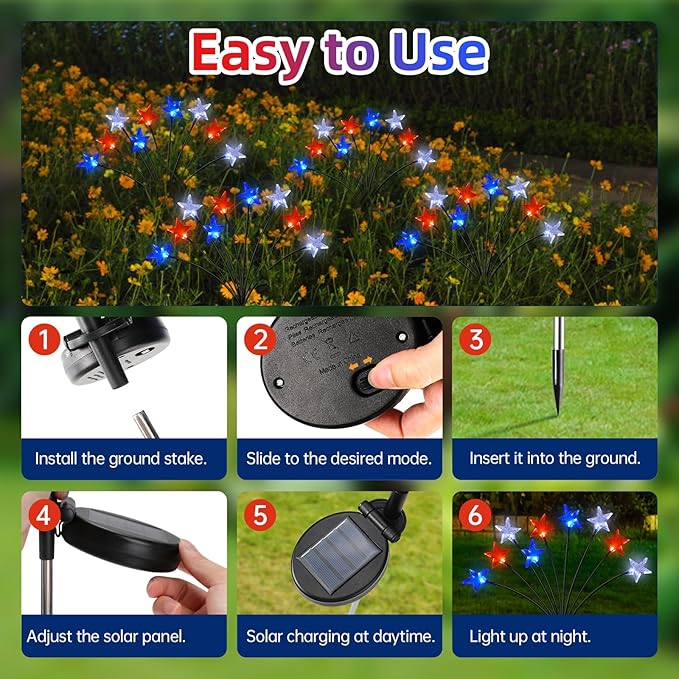 Lewondr 4th of July Decorations Solar Garden Lights, Fourth of July Red White and Blue Star Solar Lights Outdoor, Waterproof Patriotic Decor with 9 LED 2 Lighting Modes for Independence Day, 4 Pack