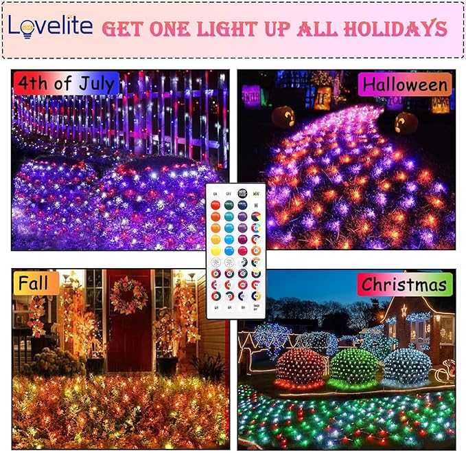 Lovelite 204 LED Net Lights, 35 Colors Changing Easter Net Lights Outdoor, 9.8ft x 6.6ft Connectable Bush Mesh Light Clear Wire for Halloween Christmas Tree Holiday Wedding Party Gazebo Patio Decor
