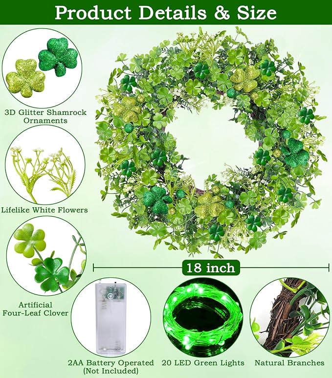 Thick & Timer - St Patricks Day Decorations, 18 Inch St Patricks Day Shamrock Wreaths for Front Door with 20 Green Lights Glitter Clover Berries Spring Wreath Irish St. Patrick's Day Door Decorations