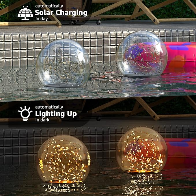 2-Pack 7.4x7.3 Solar Floating Pool Lights Ball Outdoor Water-Resistant IP66 Solar-Powered That Float Candles Flickering Lights for Swimming Pool Decor Pond Garden Party