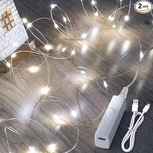 Lakumu 32FT(16 * 2) Fairy Lights Battery Operated, Rechargeable String Lights with Timer, LED Twinkle Lights for Bedroom, Christmas Decorations, Wedding, Vine, Centerpiece Table Decor Cool White