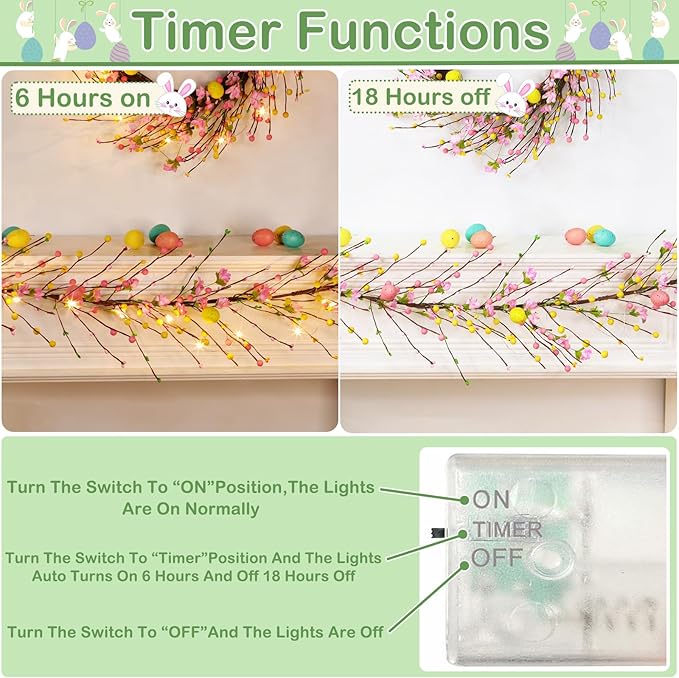6 Ft Easter Garland with Lights Timer Easter Decorations, Artificial Easter Egg Garland Berried Pink Flower Spring Garland Battery Operated for Home Table Mantle Fireplace Holiday Decor Indoor Outdoor