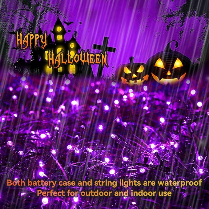 Halloween Purple String Lights Outdoor 33Ft 100LED Battery Operated Fairy Lights with Waterproof Remote Timer String Lights for Hanging Garden Party Holiday Halloween Décor