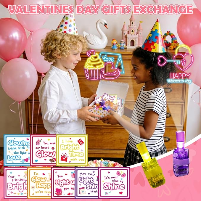 36 Pack Valentines Day Gifts for Kids Classroom LED Finger Lights, Valentines Exchange Cards Gifts Prizes Party Favors for Boys Girls