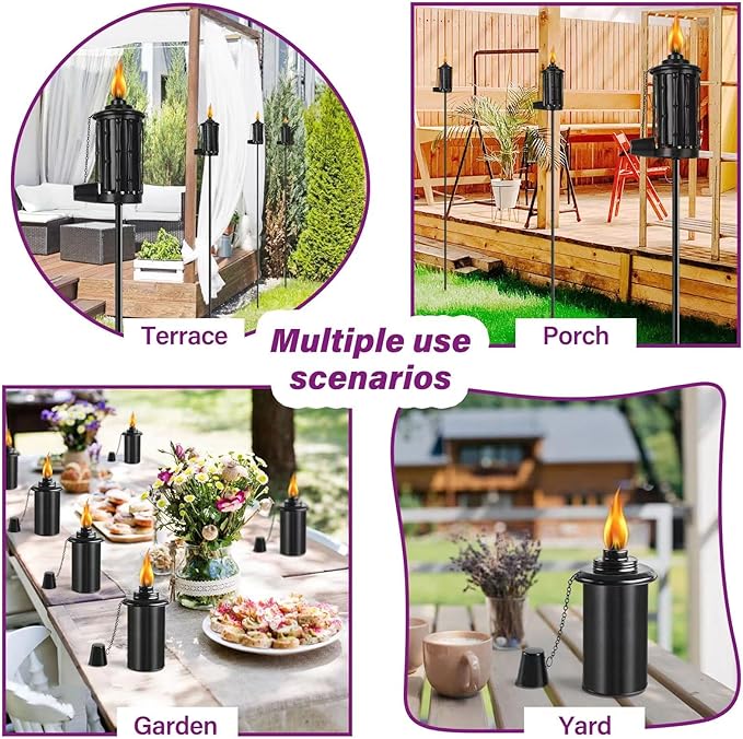 Home Garden Torch Set of 6, 16oz Outdoor Metal Torch Garden Décor,59-Inch Upgraded Citronella Torches with 3-Prong Grounded Stake, Metal Light Torches for Party Patio Pathway