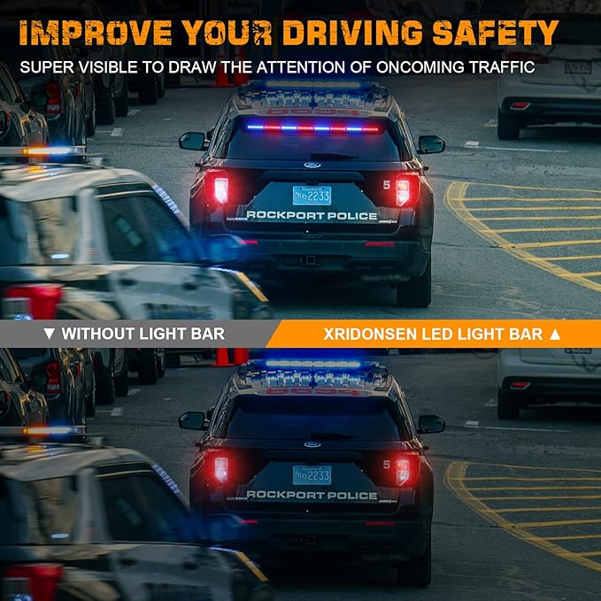 XRIDONSEN 35 inch Traffic Advisor Red Blue Police Lights 48 LED Emergency Strobe Light Bar Safety Hazard Warning Lights Front/Rear Window w/Display Controller for Law Enforcement Vehicles Trucks Car