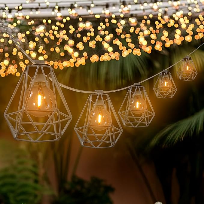 JONATHAN Y JYL8705B 10-Light Indoor/Outdoor 10 ft. Contemporary Transitional LED G40 Diamond Cage String Lights Modern, Patio, Porch, Backyard, White