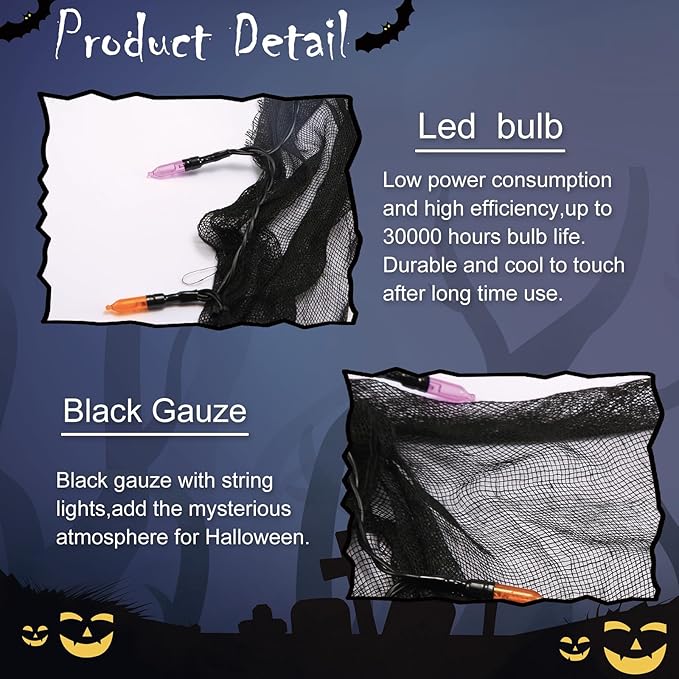 YAOZHOU Battery Powered Halloween String Lights, Orange and Purple Indoor 30LED with Black Gauze Timer, 8 Mode Battery Operated 9.9Ft Creepy Cloth Spooky Decorations, Gothic Party Room Decor (1PACK)