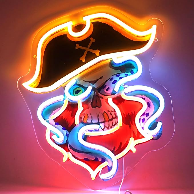 Pirate Octopus Neon Sign with Printed Backboard, LED Neon Wall Light for Man Cave, Bar & Game Room Decor, Cartoon Sea Monster Wall Art,Holiday Birthday Gifts