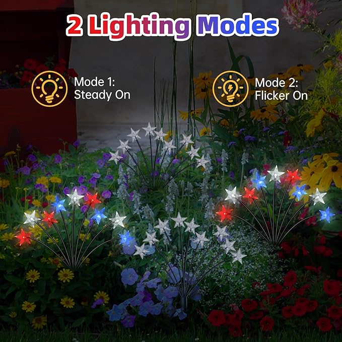 Lewondr 4th of July Decorations Solar Garden Lights, Fourth of July Red White and Blue Light Solar Lights Outdoor, Waterproof Patriotic Decor with 9 LED 2 Lighting Modes for Independence Day, 4 Pack