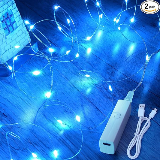 Lakumu 32FT(16 * 2) LED String Lights Battery Operated, Rechargeable Fairy Lights with Timer, Mini Twinkle Lights for Bedroom, Christmas, Wedding,Centerpiece Table Decor Blue