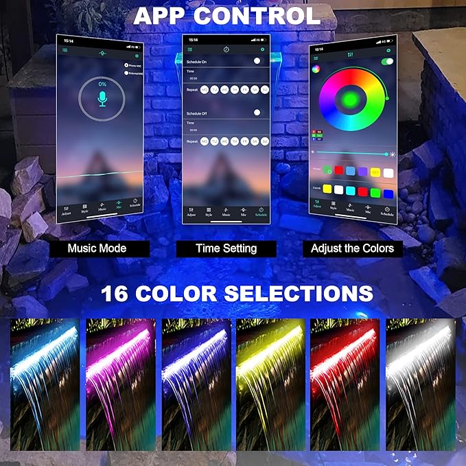 PONDO 12'' APP Pool Waterfall with 16 Colors LED Lights, Acrylic Pond Fountain Set for Outdoor Decorations, Patio Waterfall Spillway Kit on The Wall for Garden, Easy Installation