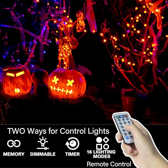 LAMPHOME 66ft Halloween Decorative Mini Lights, 200 LED Green Wire Fairy Starry String Lights Plug in, 12 Lighting Modes, for Halloween Decoration Outdoor Party Decoration (Orange and Purple)
