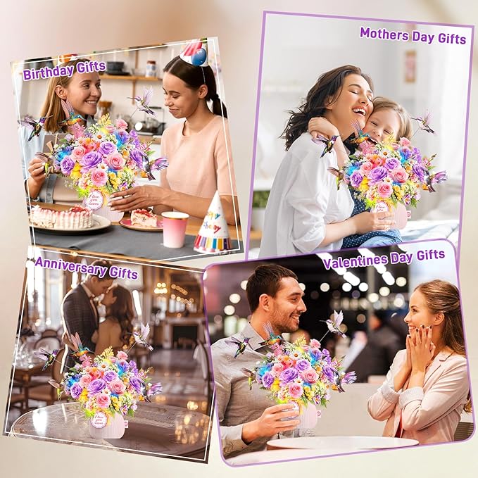 Mothers Day Card with Music & Lights, 3D Pop Up Mothers Day Gift, Hummingbird, 10 Inch Life Sized Forever Flower Bouquet Birthday Card For Mom, Women, Wife