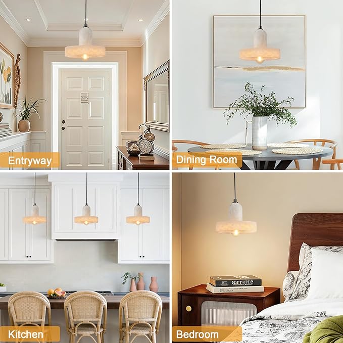 Alabaster Pendant Light Kitchen Island, Black Hanging Light Fixture with Natural Alabaster Stone Shade, Adjustable Pendant Lighting Over Sink, Dining, Bar, Counter - 2 Pack