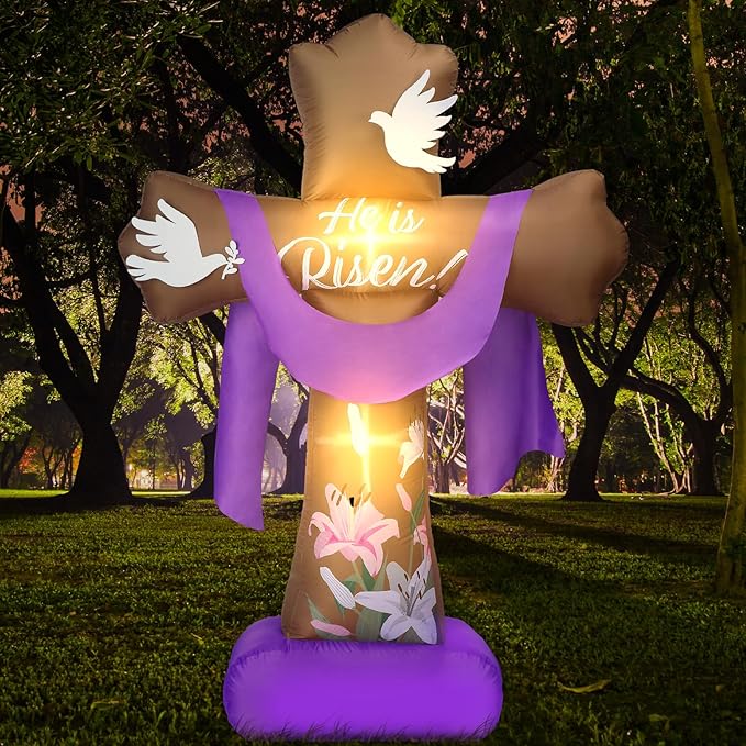 6 ft Easter Inflatable Outdoor Yard Decoration Blow up Inflatable He is Risen Cross Set with Build in LED Lights Decor for Easter Spring Party Lawn Supplies