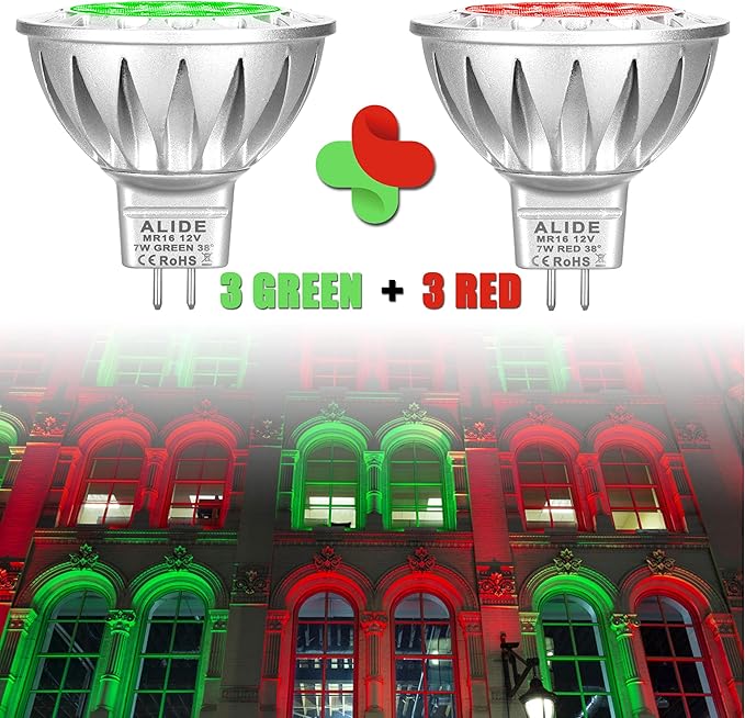 ALIDE LED Bulbs, 7W MR16, Red Green, 38 Deg, 6 Pack Mix, Replace 50W-75W Halogen, Low Voltage AC/DC12V, GU5.3 Base, for Christmas Holiday Decoration, Outdoor Landscape Lighting