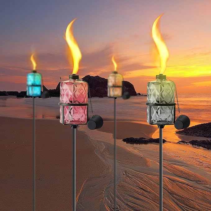 4 Pack Colorful Glass Garden Torch 12 oz Outdoor Torch Garden Décor,60-Inch Upgraded Citronella Torches with 3-Prong Grounded Stake for Party Patio Pathway