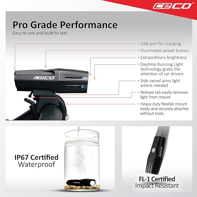 CECO USA 1200 Lumen USB Rechargeable Bike Light – Tough & Durable IP67 Waterproof & FL-1 Impact Resistant – Super Bright Model F1200 Bicycle Headlight – for Commuters, Road Cyclists & Mountain Bikers