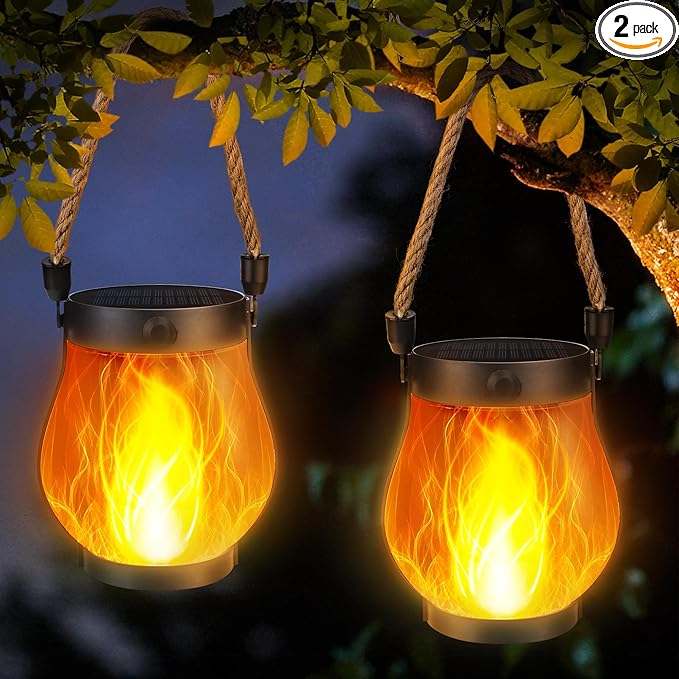 iBaycon 2 Pack Solar Lanterns Lights, Flickering Flame Garden Lights with 2 Modes Dual Charging USB & Solar, Outdoor Waterproof Hanging Lantern for Yard Patio Porch Decor (Warm White)