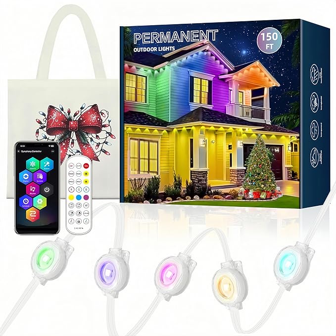 Permanent Outdoor Lights 150ft, RGBWC+IC Smart LED Strip with 50+ Scene Modes, IP68 Waterproof, App & Remote Control for Christmas, Holiday, Roof, and Pool Party Decor (150FT)