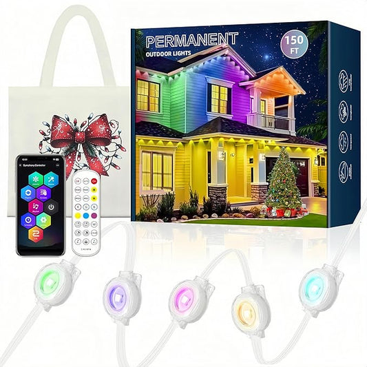 Permanent Outdoor Lights 150ft, RGBWC+IC Smart LED Strip with 50+ Scene Modes, IP68 Waterproof, App & Remote Control for Christmas, Holiday, Roof, and Pool Party Decor (150FT)