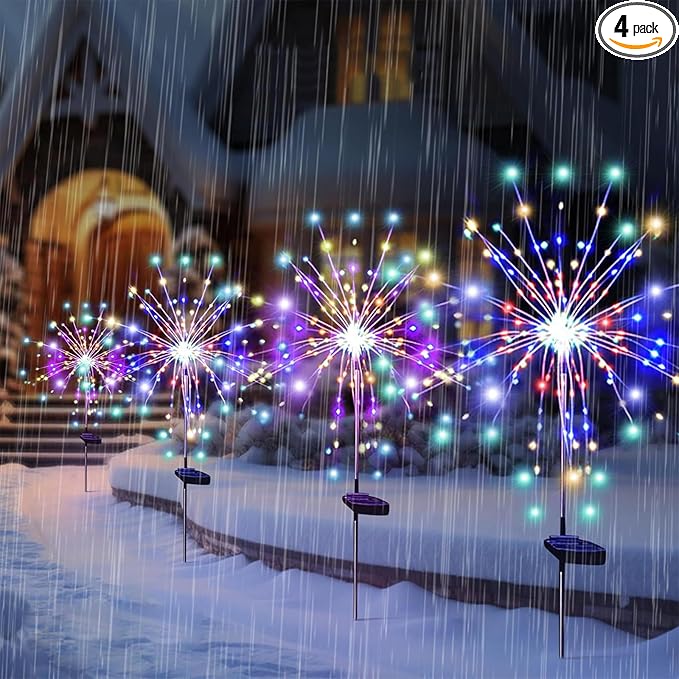 Outdoor Solar Garden Lights, 120 LEDs 8 Lighting Modes Waterproof Solar Fireworks Light Sparklers for Patio Walkway Yard Courtyards Pathway Christmas Party Decorations, Colorful(4 Pack)