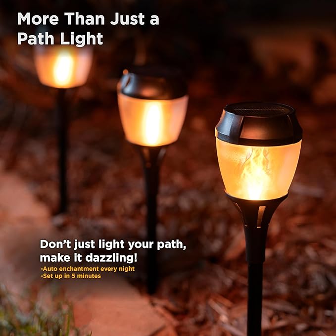 FoxFlame Solar Path Lights Outdoor Waterproof-Realistic Flickering LED Flame,IP65 Pathway Lights Solar Powered Warm Light for Garden and Walkways,Ground Stake Included for Easy Setup(1 Pack)