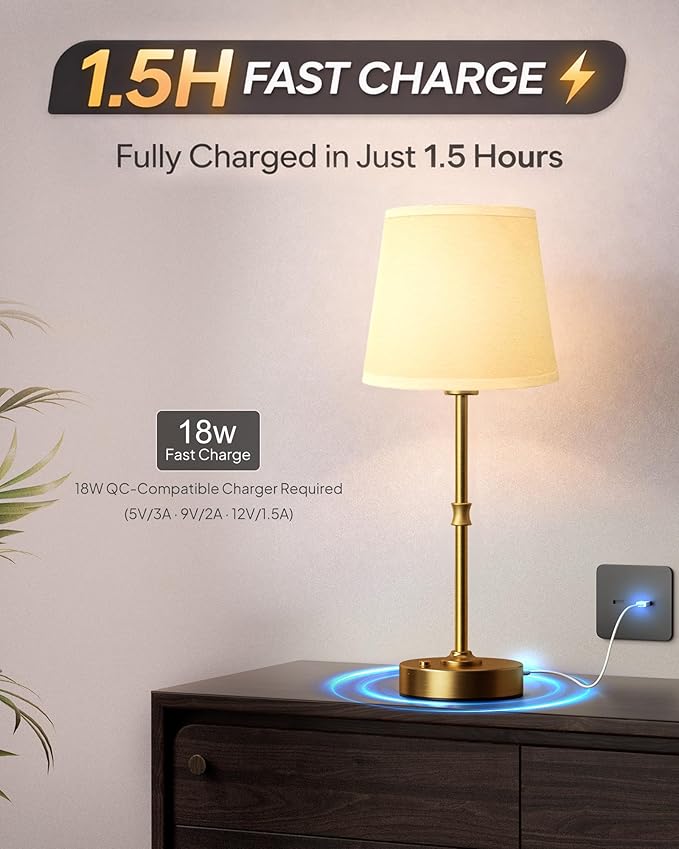 EppieBasic Cordless Table Lamp Rechargeable: Fast Charging & Long Lasting - 2700K Warm Light Vintage Gold Lamps - Dinning Living Room Bedroom - Beige Shade