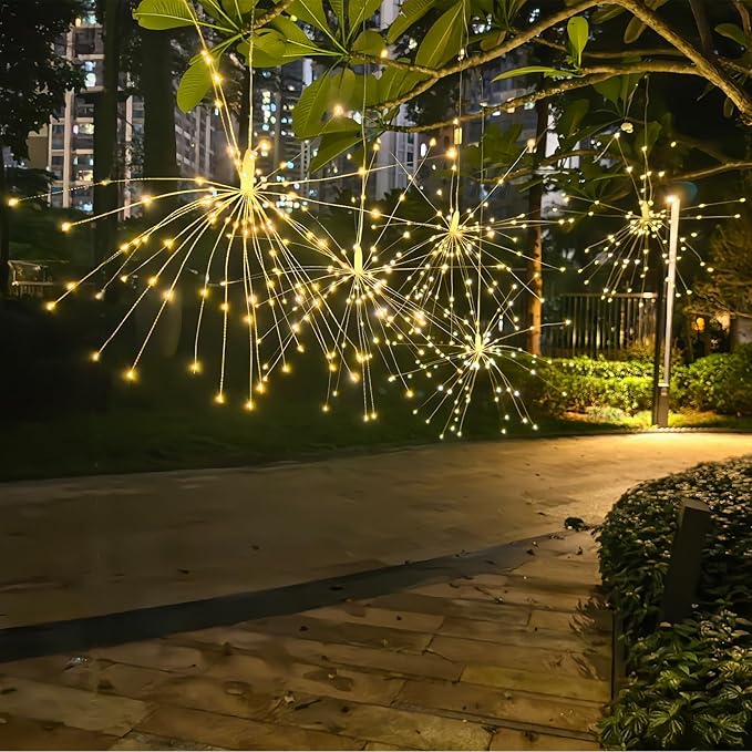 5 Pack Solar Firework Lights, 450 LED 8 Modes Dimmable Waterproof Hanging DIY Starburst Fairy Lights with Remote Timer for Garden Indoor Outdoor Decoration (Warm White, 450)
