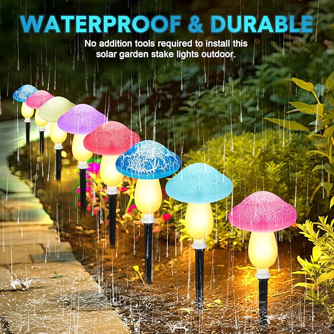 Reginary 12 Pcs Outdoor Lamp Solar Mushroom Light up Garden Mushroom Lights 8 Modes Waterproof Lamp Outside Decor for Holiday Yard Patio Pathway Lawn Ornament(Multicolored,Crack)
