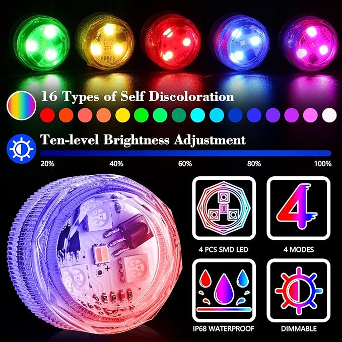 HL Small Submersible Led Lights with Remote,Mini LED Light,Waterproof Tea Light,Underwater Lights,Flameless Candles,Suitable for Vases, Fish Tanks, Hot Tubs, Parties,Wedding,Halloween Decorations