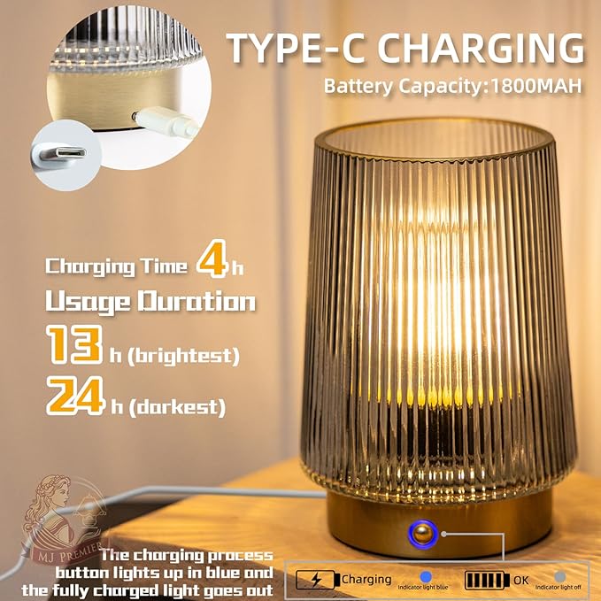 MJ Cordless Lamps Rechargeable Battery Operated Lamp Glass Table Lamp Portable Dimmable Brightness Adjust Decorative Dimmable Beside Small Lamp for Home Decor Livingroom Bedroom Kitchen Bathroom Grey