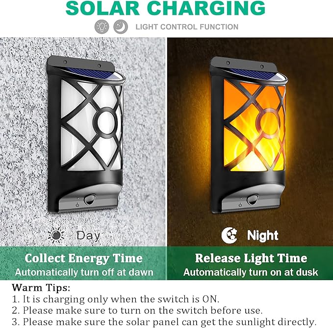 Solar Flame Lights Outdoor, Realistic 3D Flickering Flames with 66 Ultra-Bright LEDs - IP65 Waterproof Wall Mount Lanterns for Deck, Fence, Patio, Garden, Auto On/Off (4-Pack Value Set)