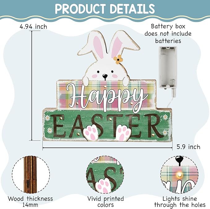 Happy Easter Sign Bunny Decor, Farmhouse Light Up Easter Decorations, Rustic Lighted Spring Decoration With LED Lights, Wooden Rabbit For Home, Office, Kitchen, Table Centerpiece, Tiered Tray, Mantel