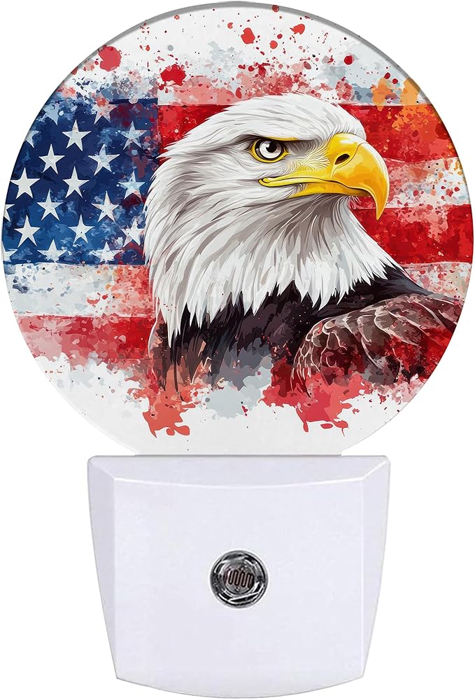 American Flag Eagle Night Light,Watercolor USA Flag Plug-in Night Lights with Dusk-to-Dawn Sensor for Bedroom Bathroom and Living Room Sleep Friendly lamp