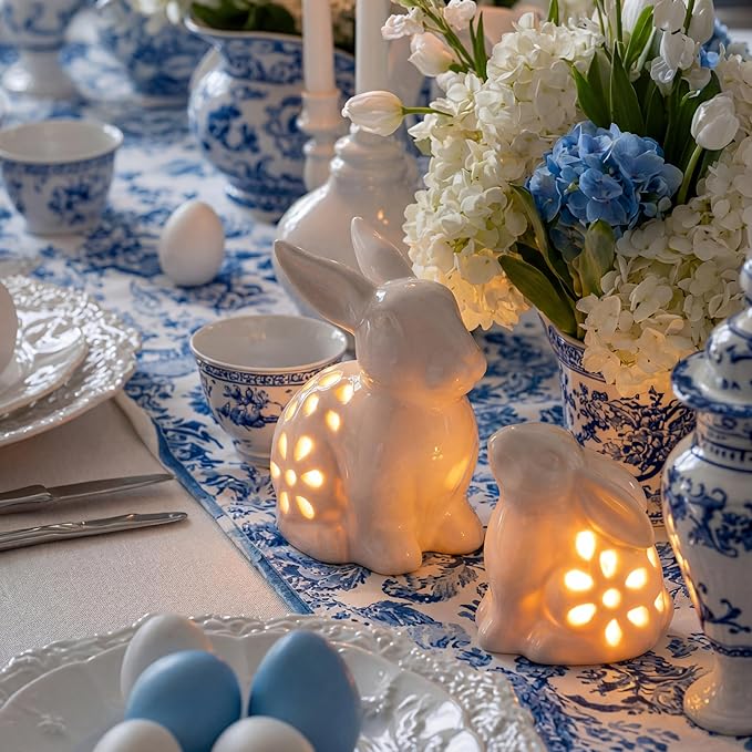 2 Pcs Easter Decorations LED Lighted Ceramic Bunny Figurines Light Up Bunny Statue with Cutouts Mother and Baby Rabbit Decor, White Easter Spring Home Decor for Tabletop Centerpiece Gifts