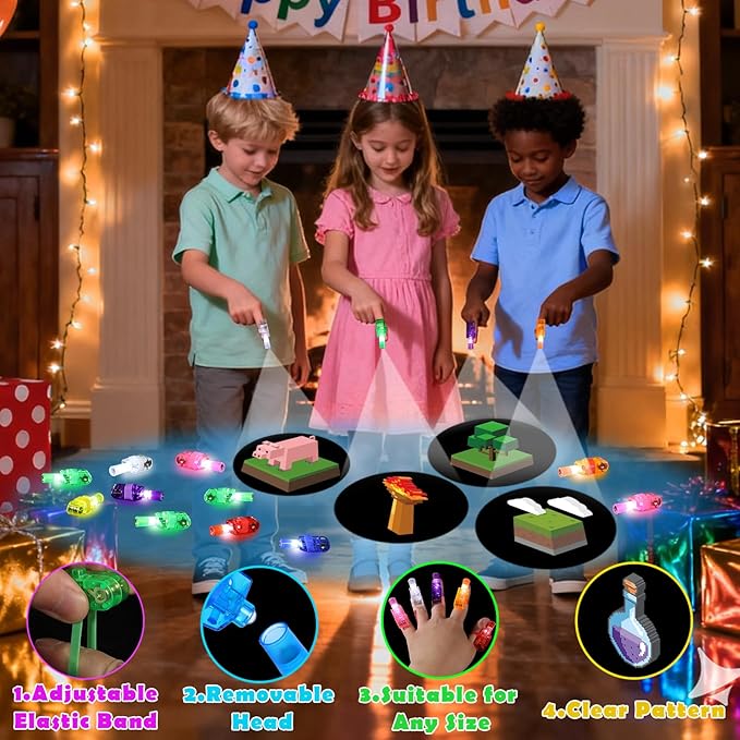 36 Pack Pixel Party Favors LED Finger Lights for Kids, Glow in the Dark Building Game Goodie Bag Stuffers, Pixel World Birthday Party Gifts for Classroom Rewards