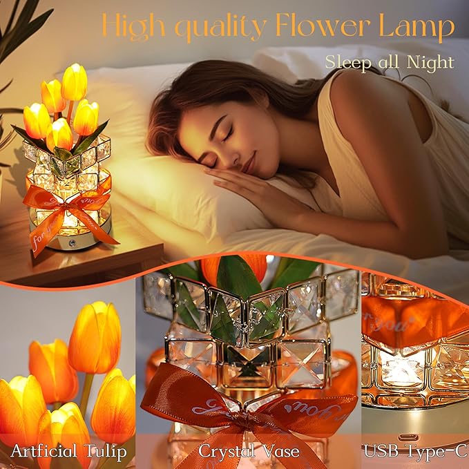 Gifts for Women – Tulip Flower LED Table Lamp, Cordless Touch Night Light, 3 Color Dimmable, Birthday Mother’s Day Valentine’s Christmas Gift for Mom, Wife, Girlfriend