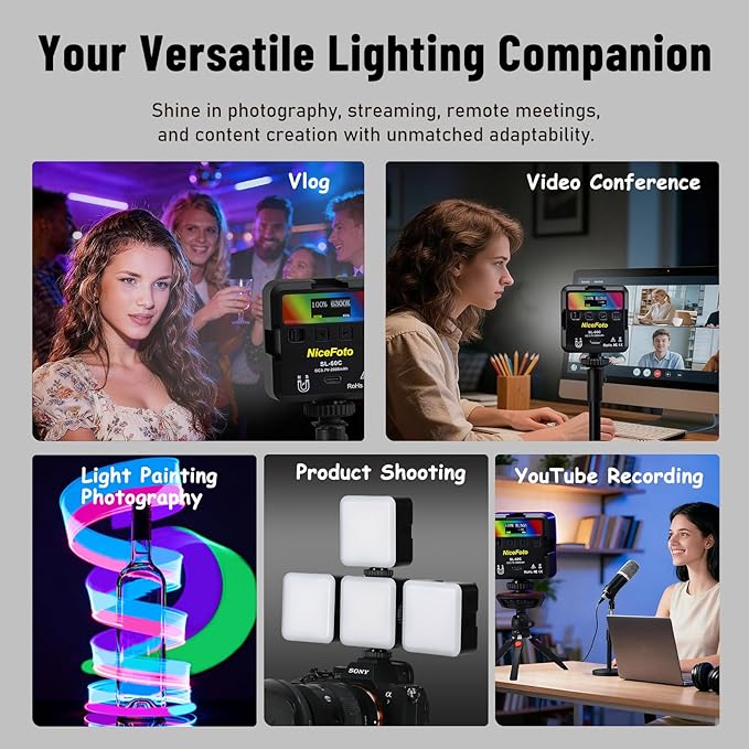 NiceFoto Portable LED Video Light, Magnetic 360° Full Color RGB Camera Lights with 3 Cold Shoe Mounts, 2500K-9000K, CRI 96+, 18 Scene Modes, for Vlog Filming, TikTok, Live, Photography ﻿