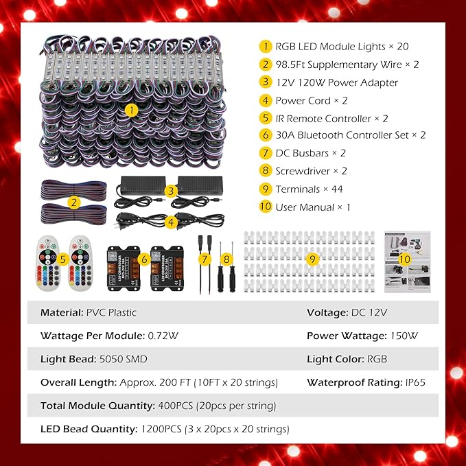Dyna-Living 200FT RGB LED Storefront Lights for Business 400PCS 3-led 5050 SMD LED Module Light with Music Sync Mode APP Bluetooth & IR Controller IP68 Waterproof Storefront Lights