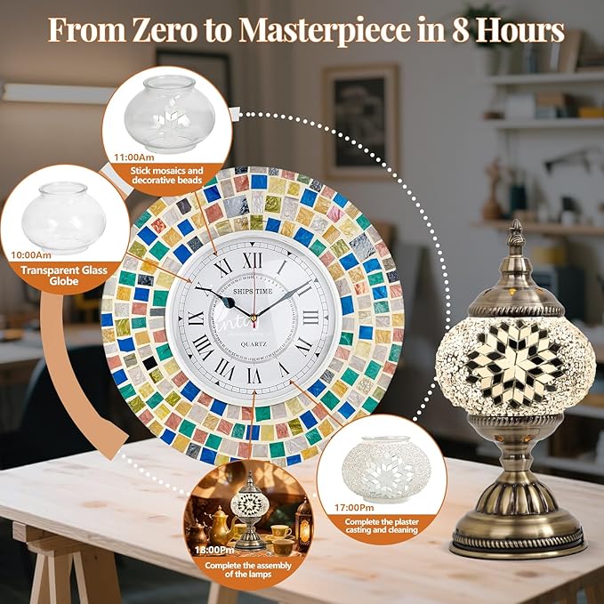DIY Turkish Mosaic Lamp Kit, Stained Glass Table Lamp Making Kit- Easy and Fun, No Experience Needed, Mosaic Art & Craft Project Kits for Adults & Teens, Make Your Own Table Lamp,White