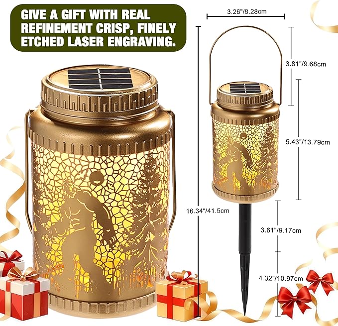 Cooo 4 Pack Solar Lanterns Outdoor Waterproof Bigfoot Sasquatch Christmas Trees Solar Pathway Lights Landscape Path Christmas Gifts for Women Mom Grandma for Outdoor Table Lamps Garden Yard Decor-Gold