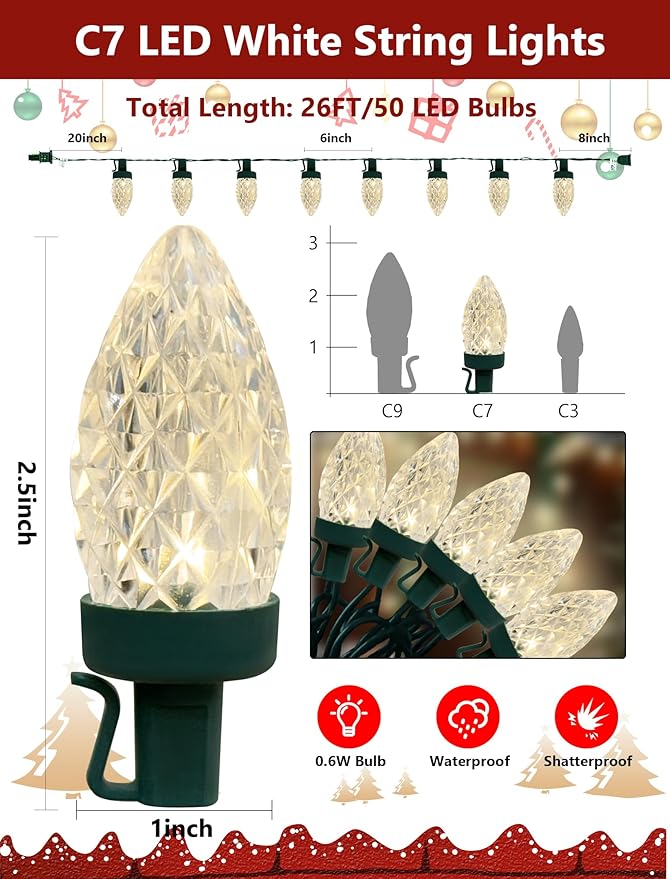 26FT C7 LED Warm White Christmas Lights, C7 Outdoor String Lights with 50 Strawberry Clear Bulbs, Vintage Christmas Lights for Indoor Outdoor Holiday Patio Garden Roofline Wedding Party Decorations