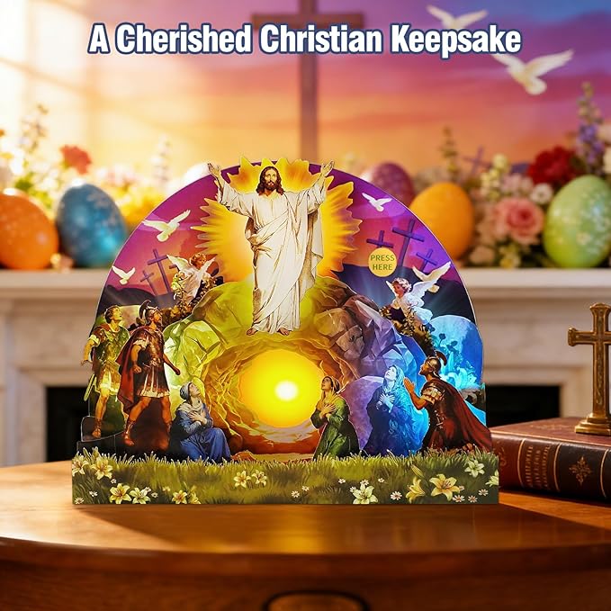 FaCraft Musical Easter Cards Religious, He is Risen Jesus Resurrection 5-Layer Pop Up Card with Light & Music, with Envelope, Plays Hallelujah for Sympathy Baptism Confirmation Get Well Encouragement