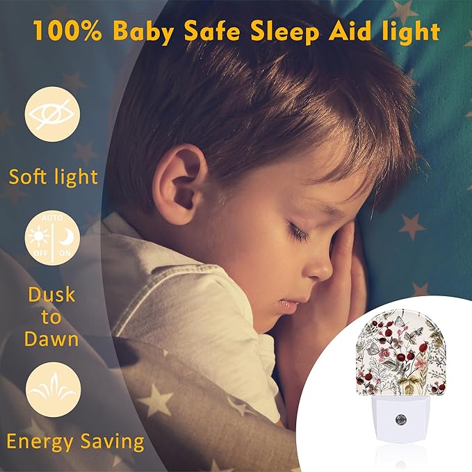 Vintage Flowers Butterfly Night Light, Watercolor Floral Dusk to Dawn Night Light Plug in,0.5w Energy Saving Sleep Friendly NightLight for Kids Boys Girls Home Decor